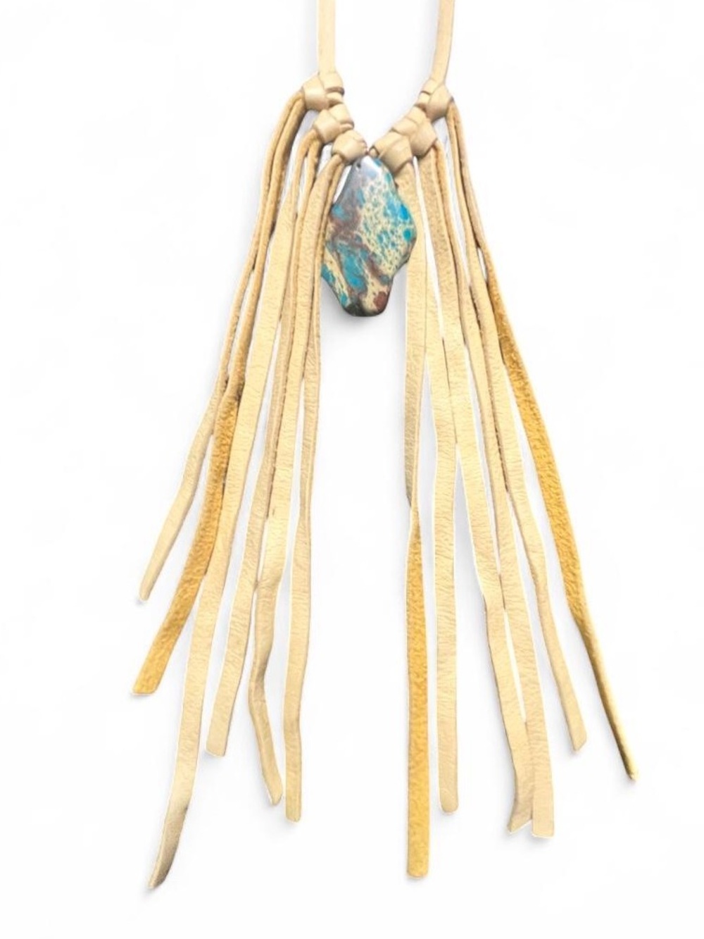 Native American Boho Soft Tan Leather Fringe & Turquoise Necklace.